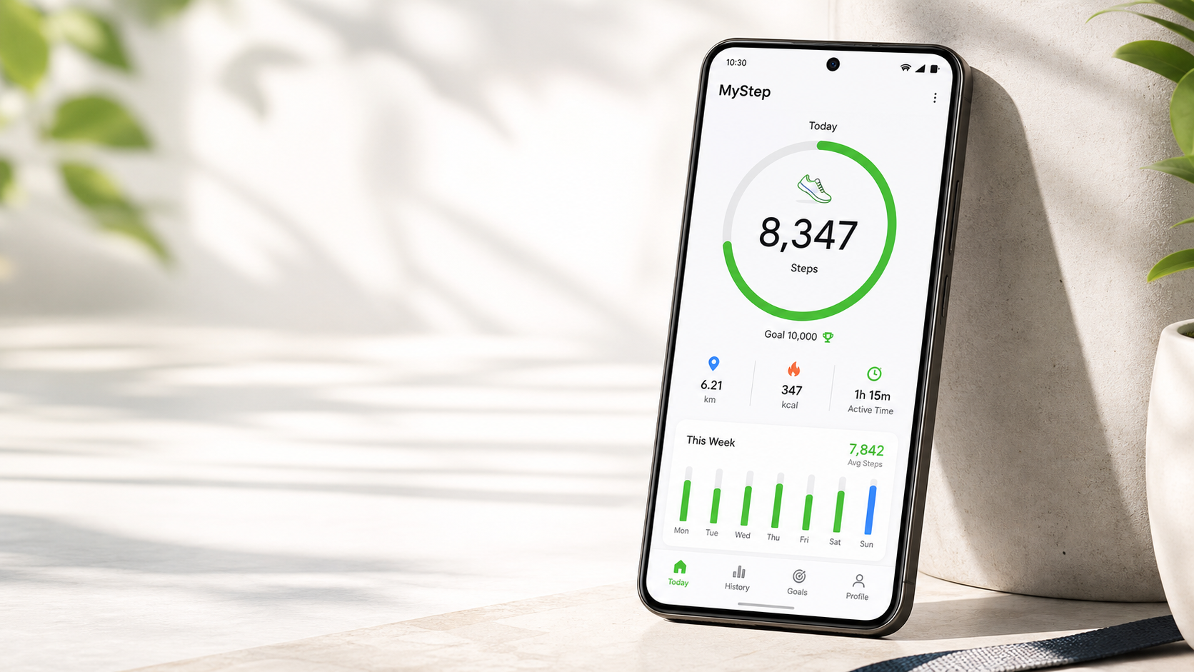 MyStep step tracker interface shown on an Android phone